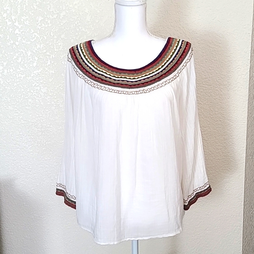 Lucky Brand gauze top with multi-color trim, size L